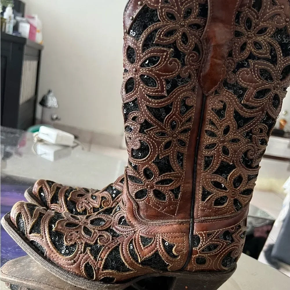 A4083g glitter INLAY FLORAL OVERLAY CRYSTALS & STUDS BROWN SNIP TOE COWBOY BOOT